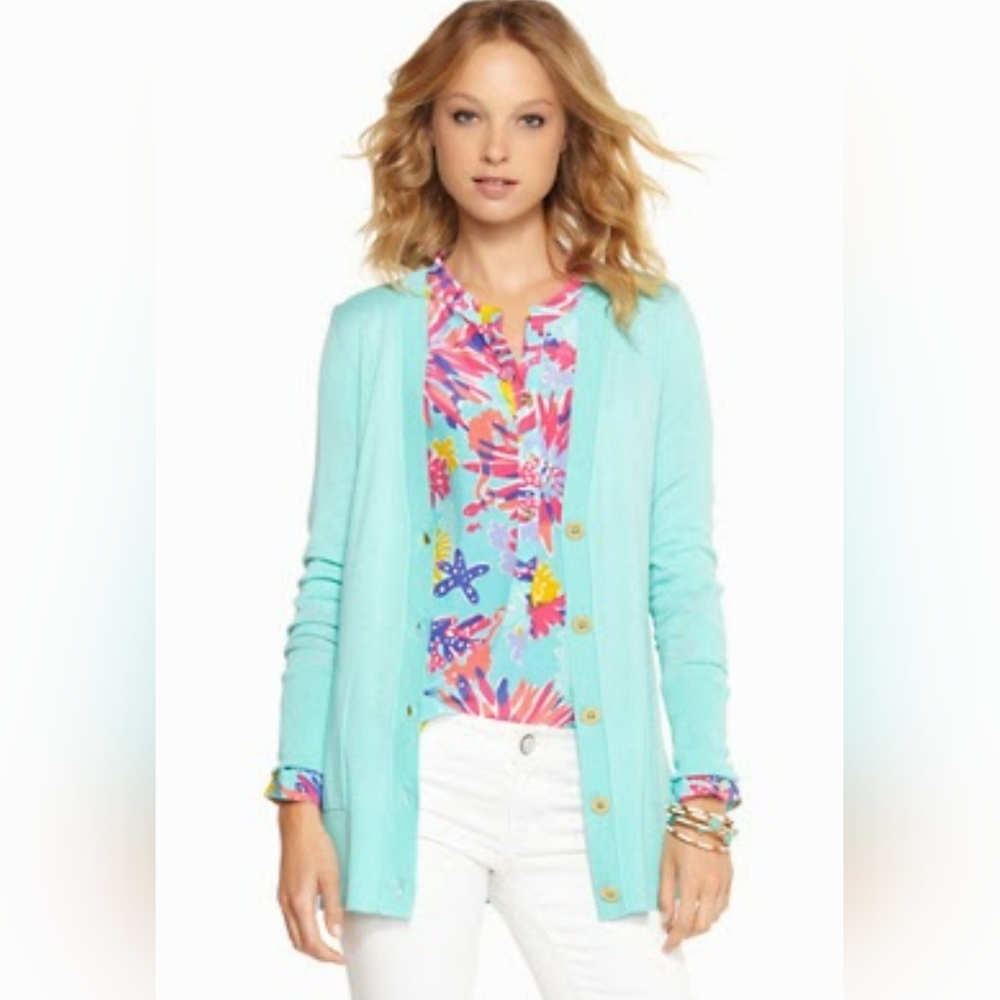 Lilly Pulitzer Heidi Wool V Neck Turquoise Cardigan Size XS
